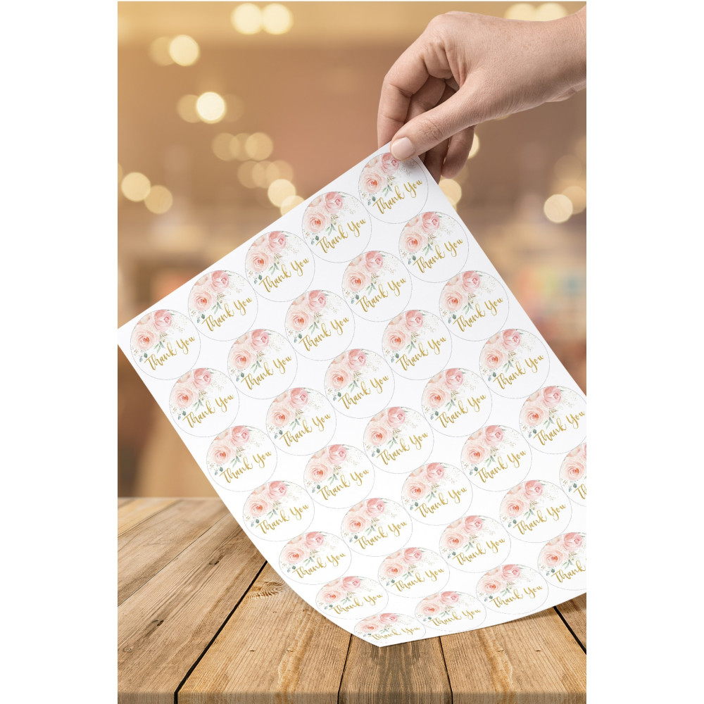 60 Adet Pembe Çiçek Altın Yuvarlak Sticker Etiket