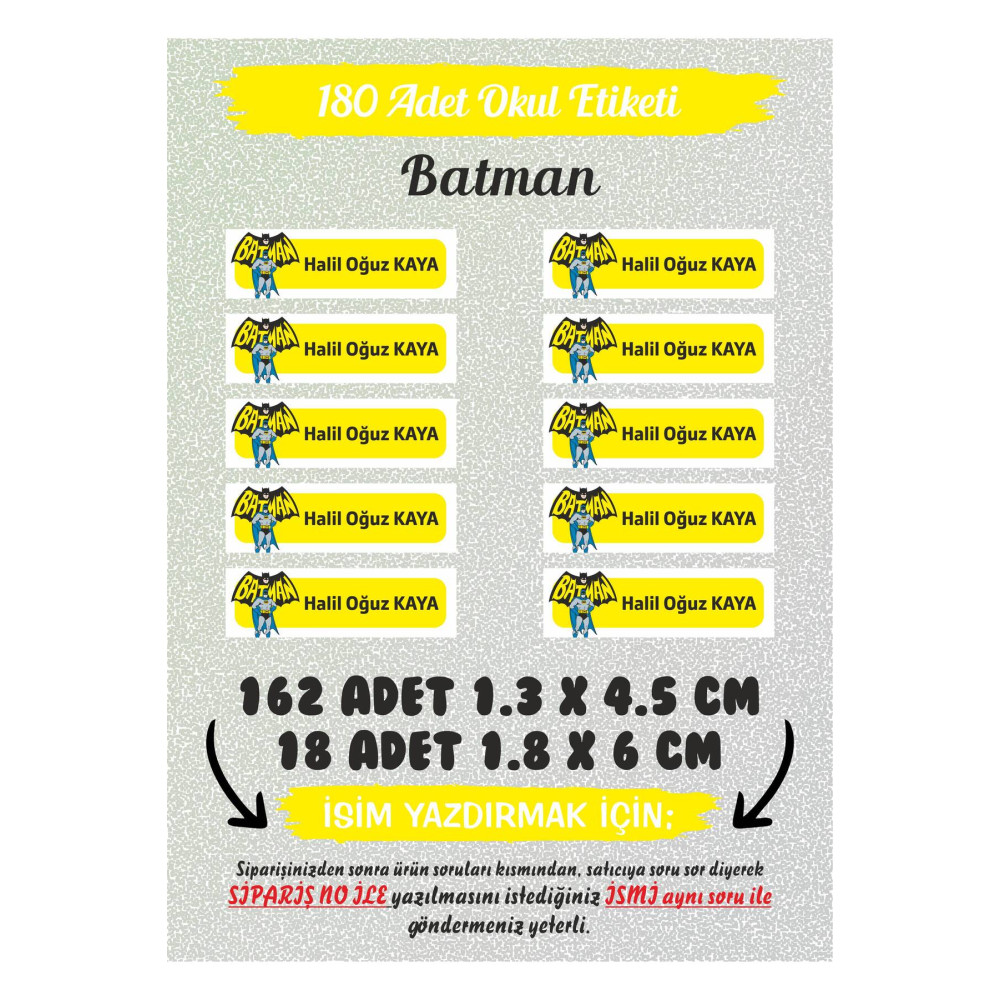 Okul Etiketi Batman Kalem Defter 180 Adet - Özel İsimli