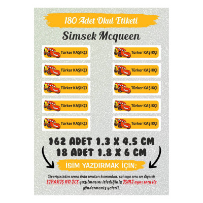 Okul Etiketi Şimşek Mcqueen Kalem Defter 180 Adet