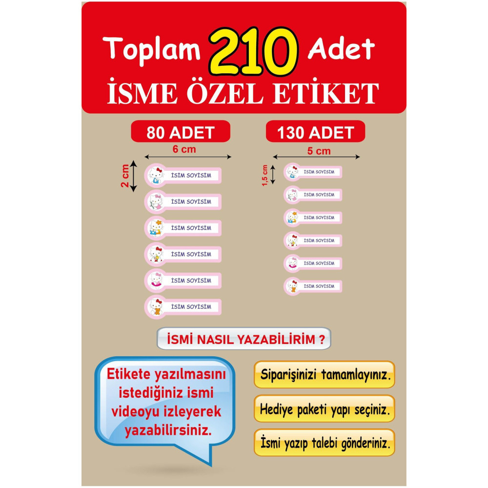 210 Adet Hello Kitty Okul Etiketi Kişiye Özel İsim