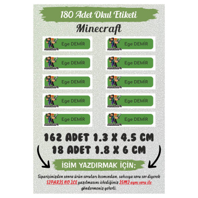 Okul Etiketi Minecraft Kalem Defter 180 Adet