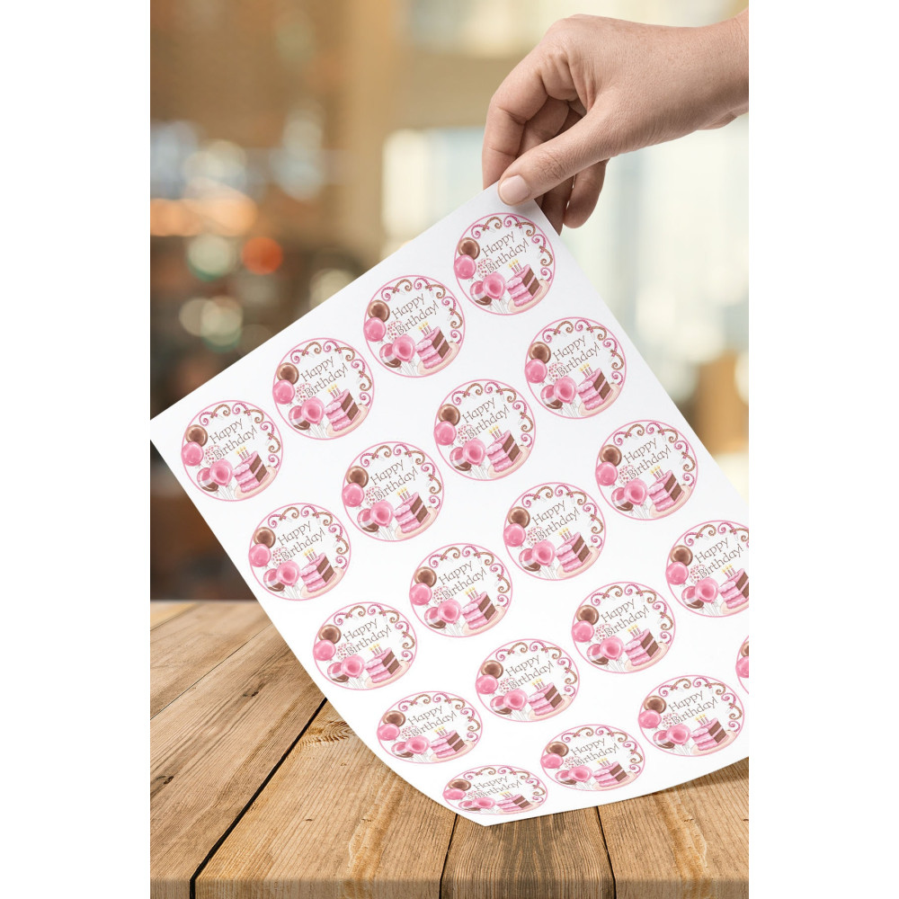 40 Adet Pembe Yuvarlak Happy Birthday Sticker Etiket