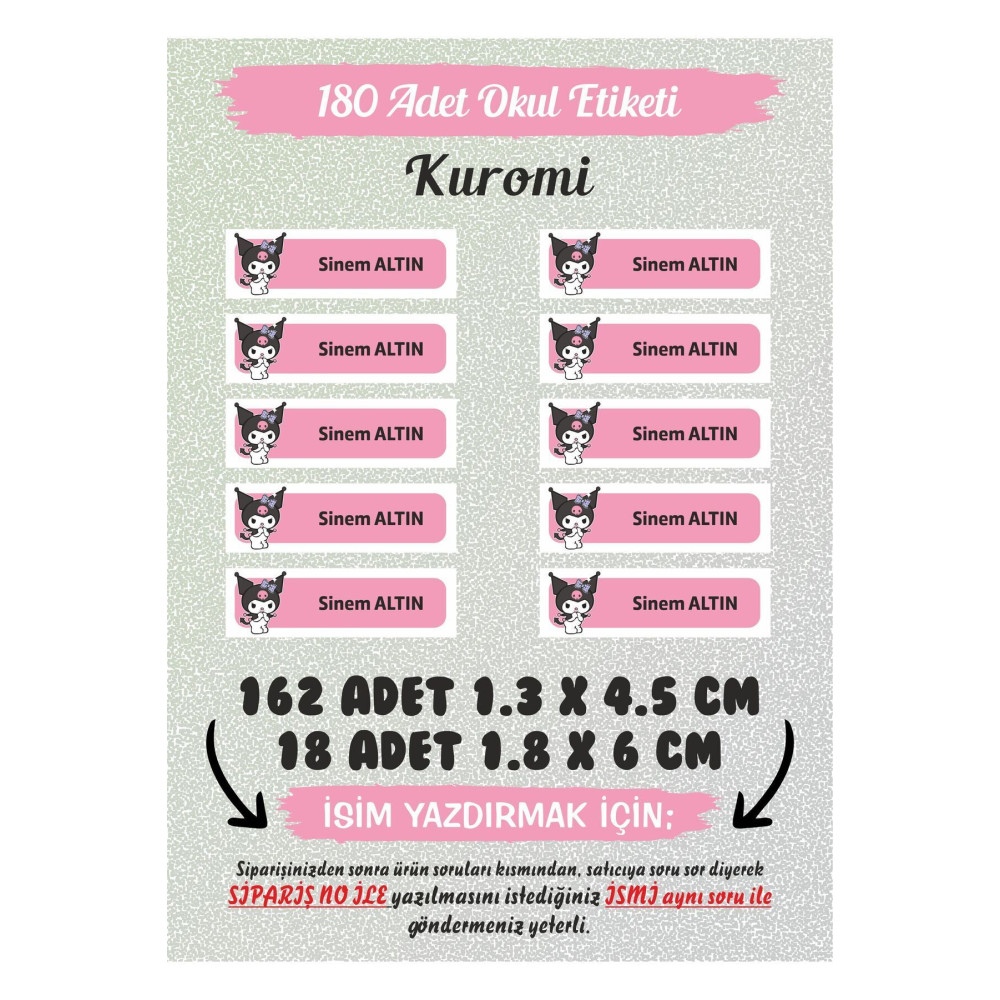 Okul Etiketi Kuromi Kalem Defter 180 Adet - Özel İsimli