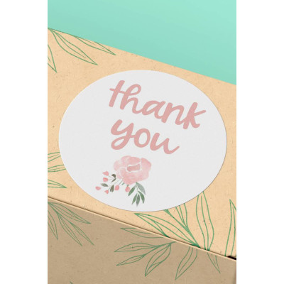 Thank You Sticker Teşekkürler Ambalaj Etiketi - Pembe Çiçekli