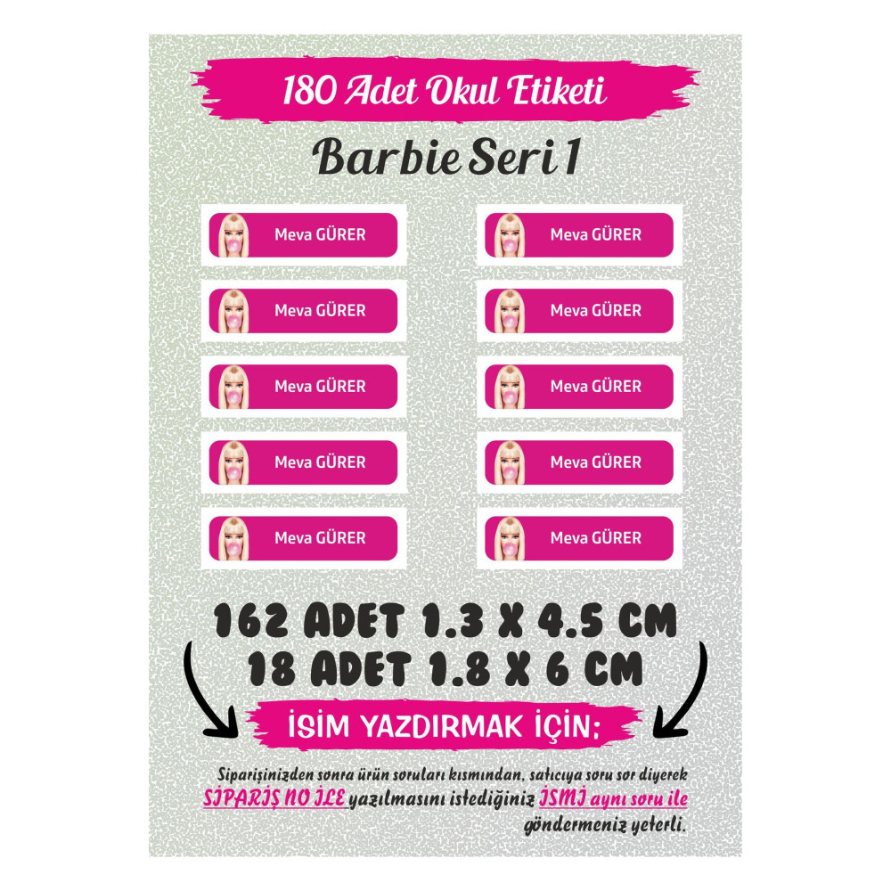 Okul Etiketi Barbie Seri 1 - 180 Adet Kişisel Etiket