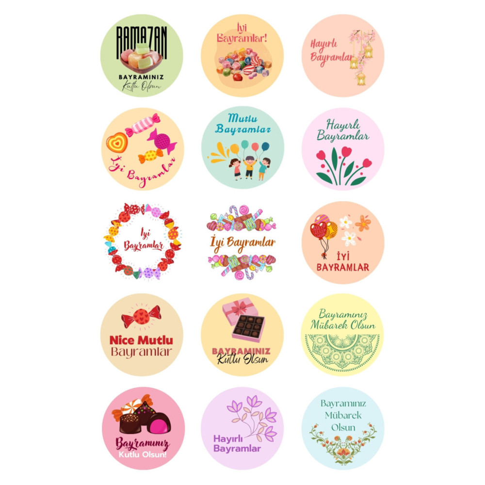 15 Adet İyi Bayramlar Sticker - 3,5 cm