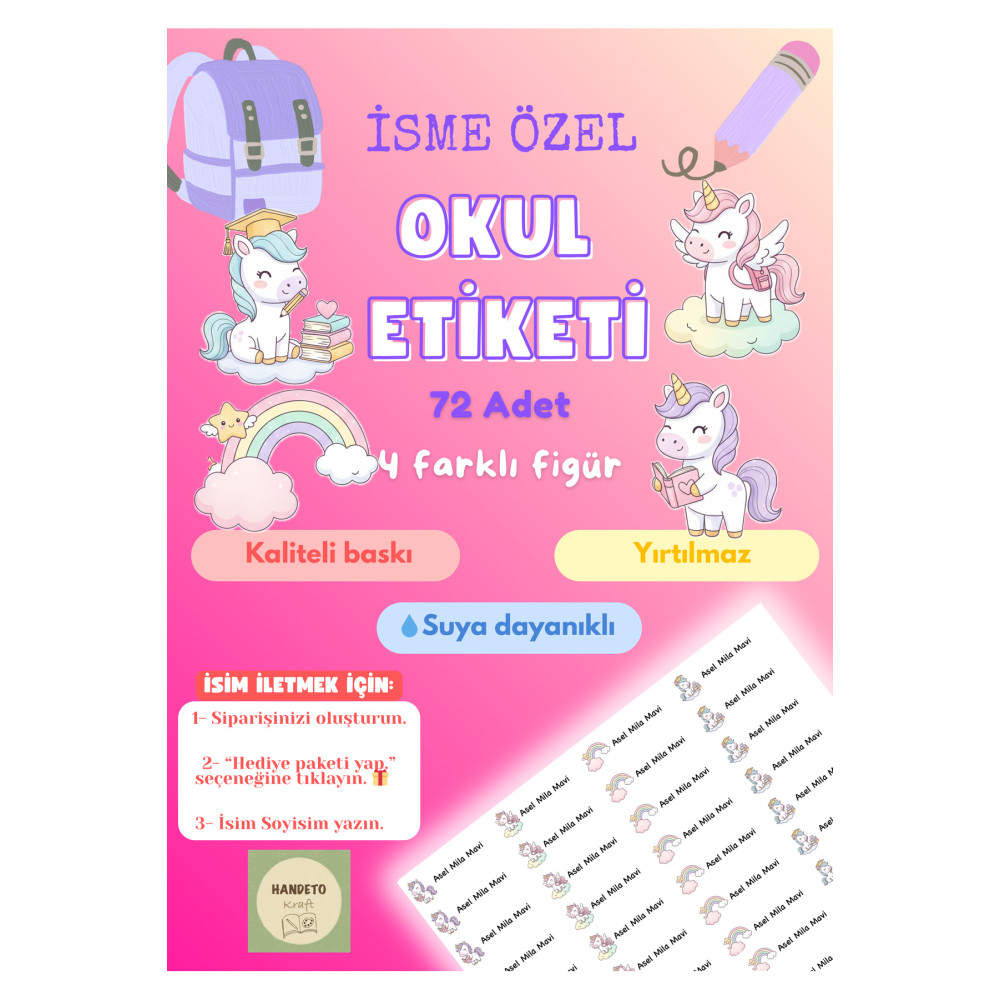 72 Adet Unicorn Temalı Kişiye Özel Okul Etiketi