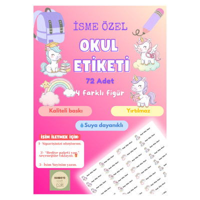 72 Adet Unicorn Temalı Kişiye Özel Okul Etiketi