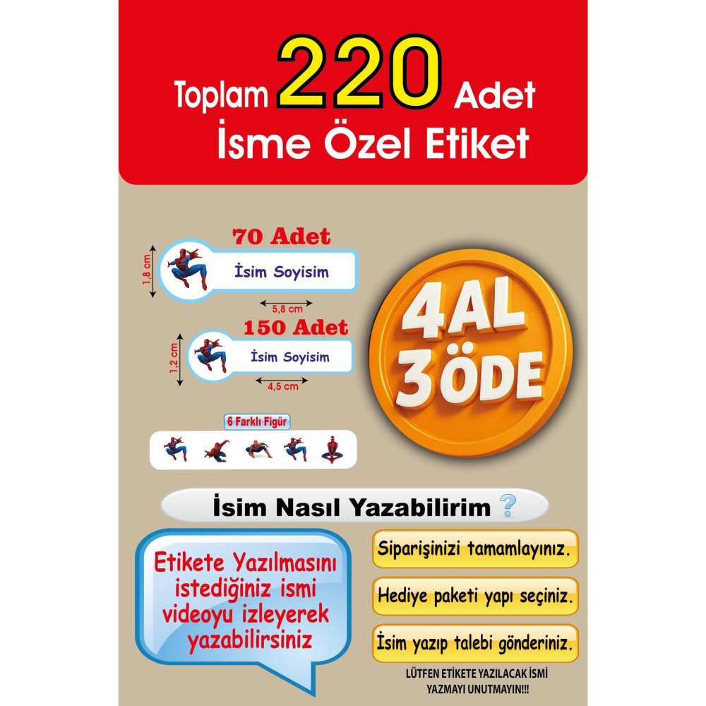 220 Adet Örümcek Adam Kişiye Özel Okul Etiketi