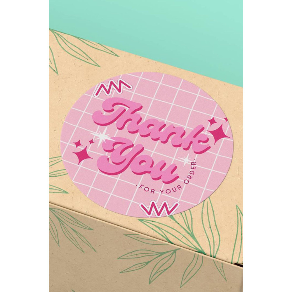 4x4cm Kuşe Thank You Sticker - 45 Adet Pembe Kareli
