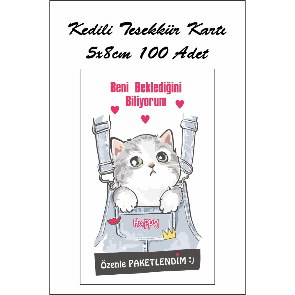 100 Adet Happy Cat Teşekkür Kartı - 8x5cm