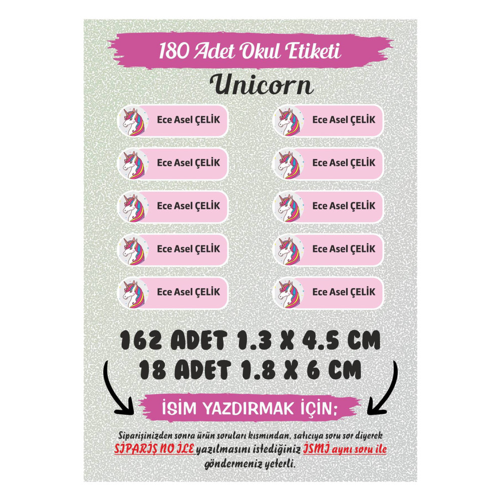 Okul Etiketi Unicorn Kalem Defter 180 Adet Özel İsimli