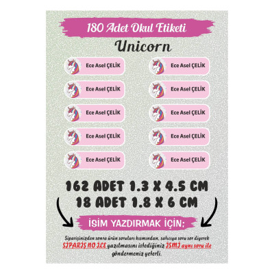 Okul Etiketi Unicorn Kalem Defter 180 Adet Özel İsimli