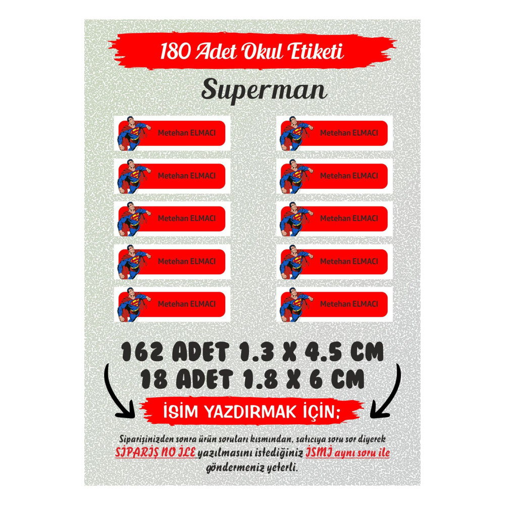 Okul Etiketi Superman Kalem Defter 180 Adet - Özel İsimli