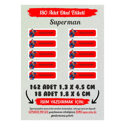Okul Etiketi Superman Kalem Defter 180 Adet - Özel İsimli